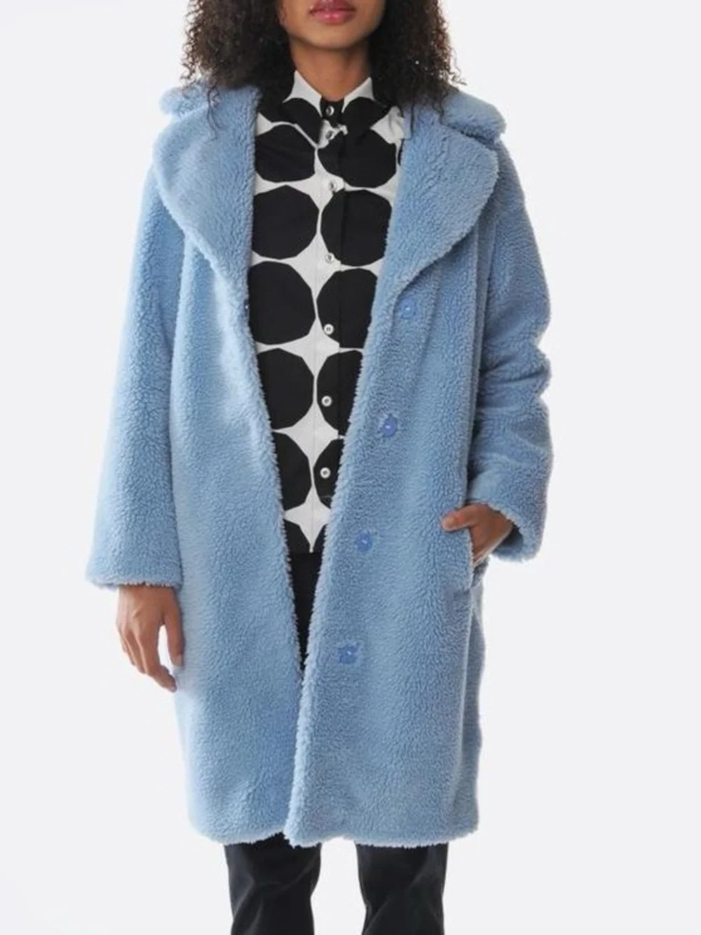 NWT Stand Studio Camilla Cocoon Coat Faux Fur Fleece Blue Sz 36
